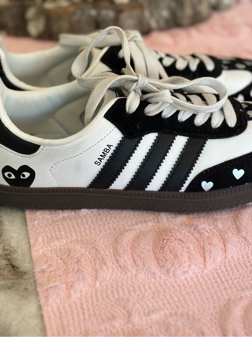 adidas Kids Samba Sneakers in White and Black with Heart Accents